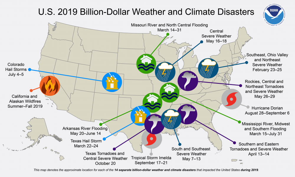 NOAA U.S. 2019 billion dollar weather and climate disaster map